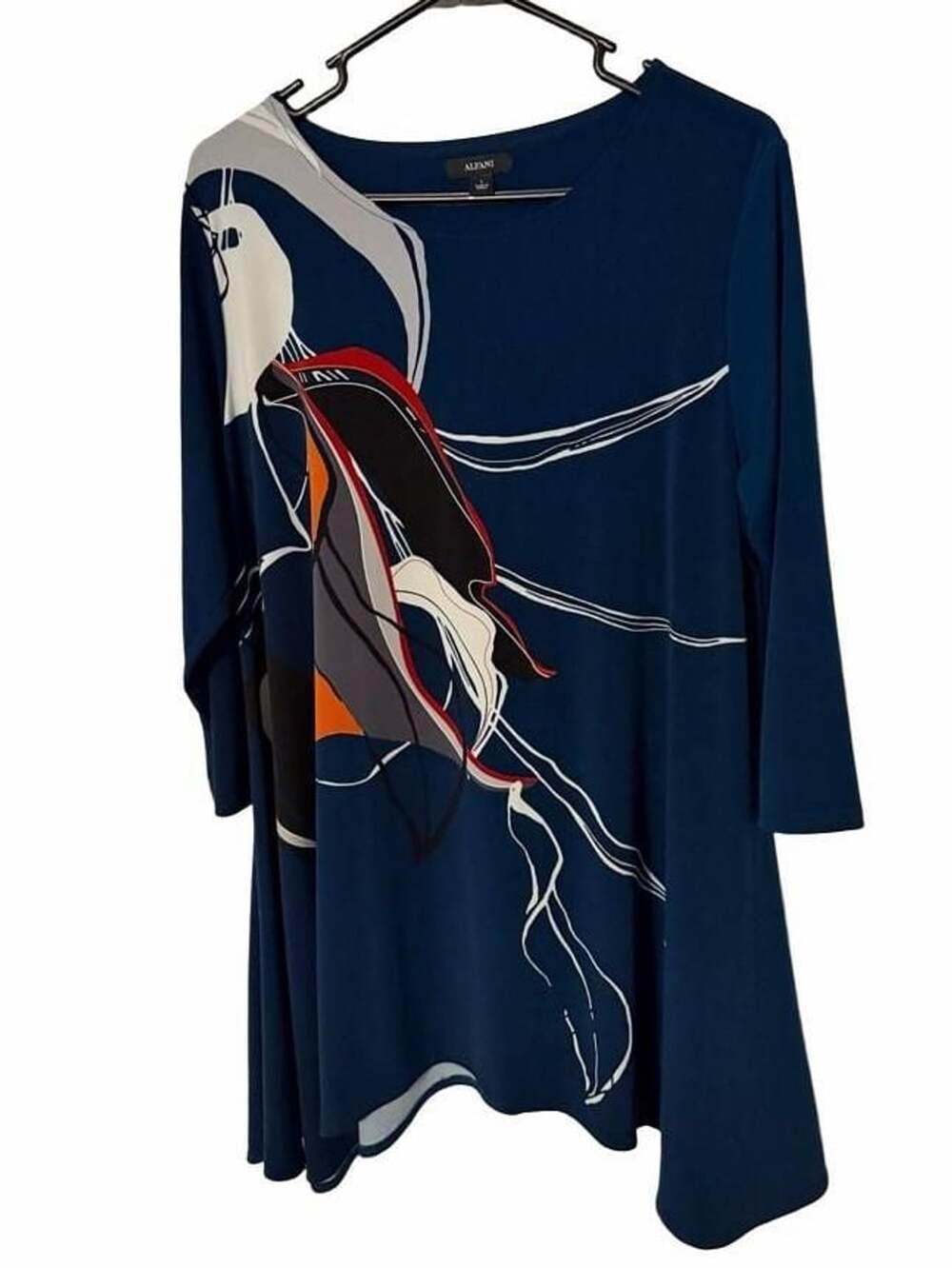 Alfani Blue Abstract Print Long Sleeve Asymmetric Hem Tunic Top Size L